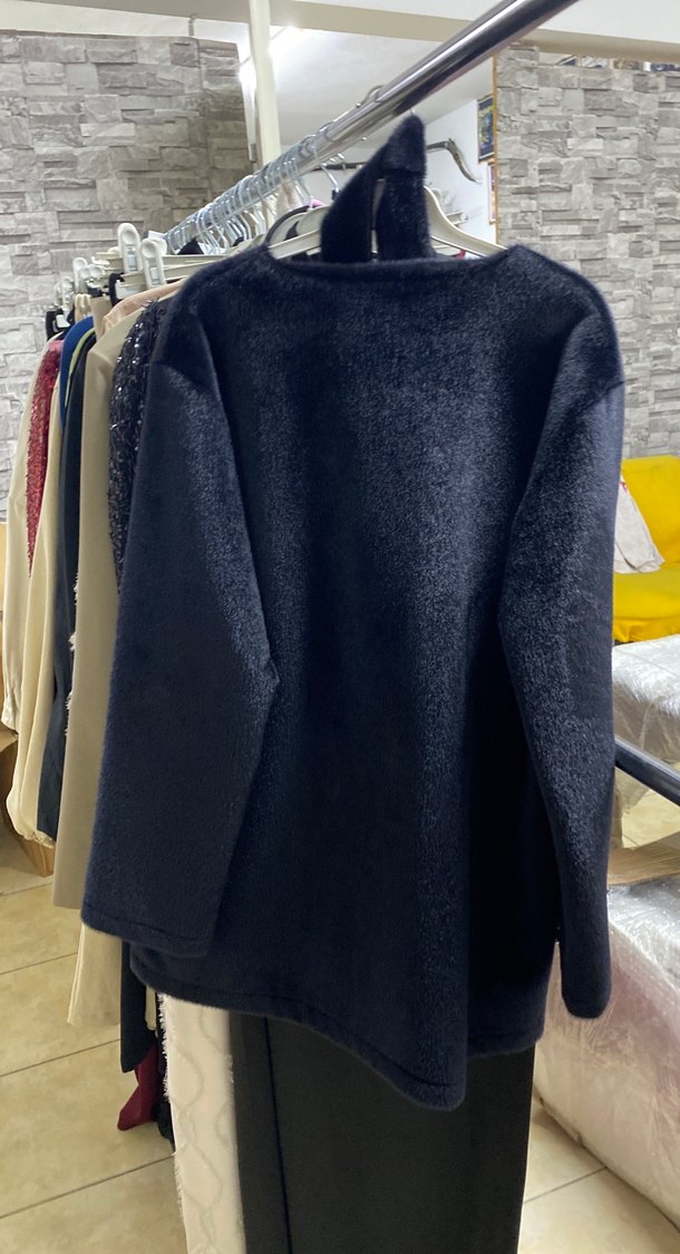 Düğmeli Kadın Midi Mavi Kaban - Görsel 5