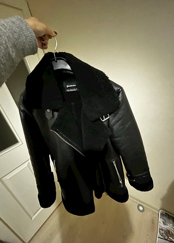 Siyah Deri Kürklü Biker Ceket - Görsel 2