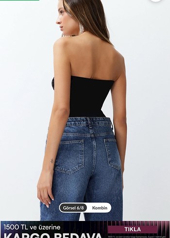 Kadın Siyah Straplez Denim Bluz - Görsel 3