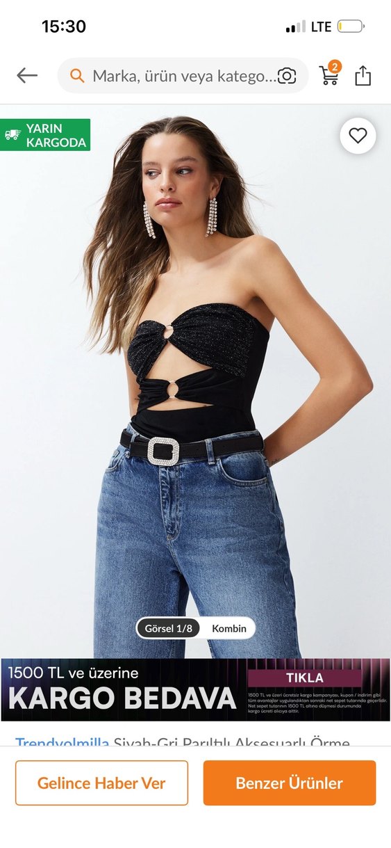 Kadın Siyah Straplez Denim Bluz - Görsel 2