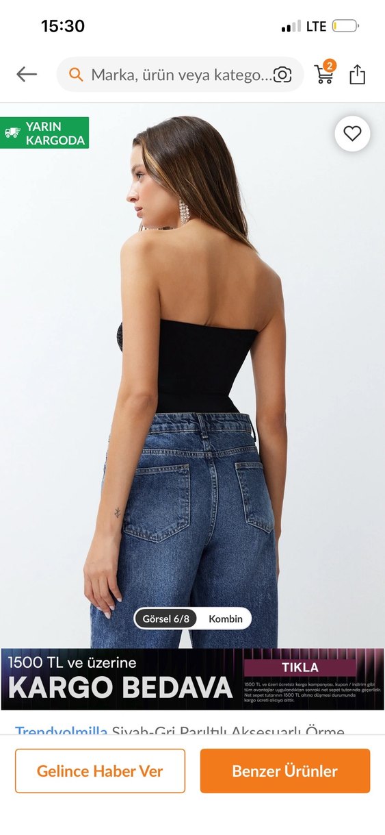 Kadın Siyah Straplez Denim Bluz - Görsel 3