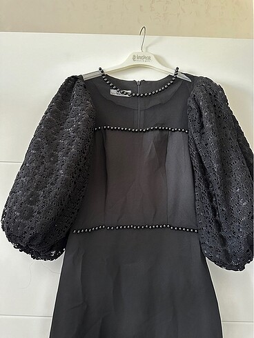 Diana Siyah Tül ve İnci Detaylı Elbise - Görsel 6