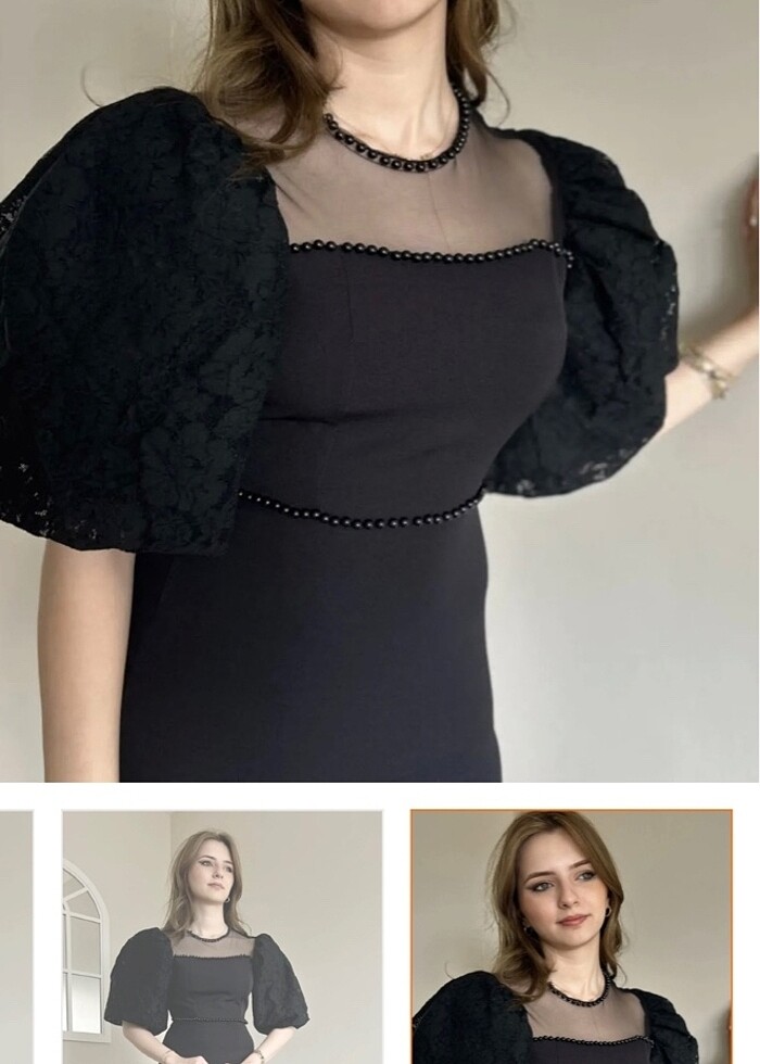 Diana Siyah Tül ve İnci Detaylı Elbise - Görsel 3