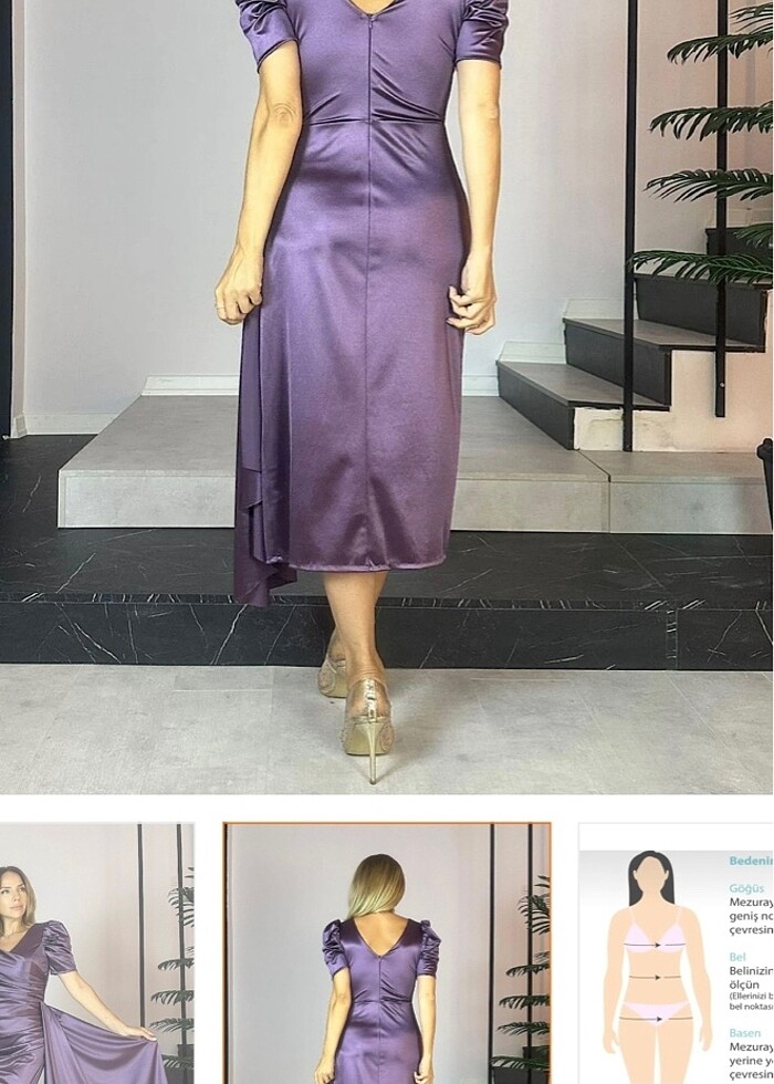Balon Kol Drapeli Saten Elbise Mor - Görsel 3