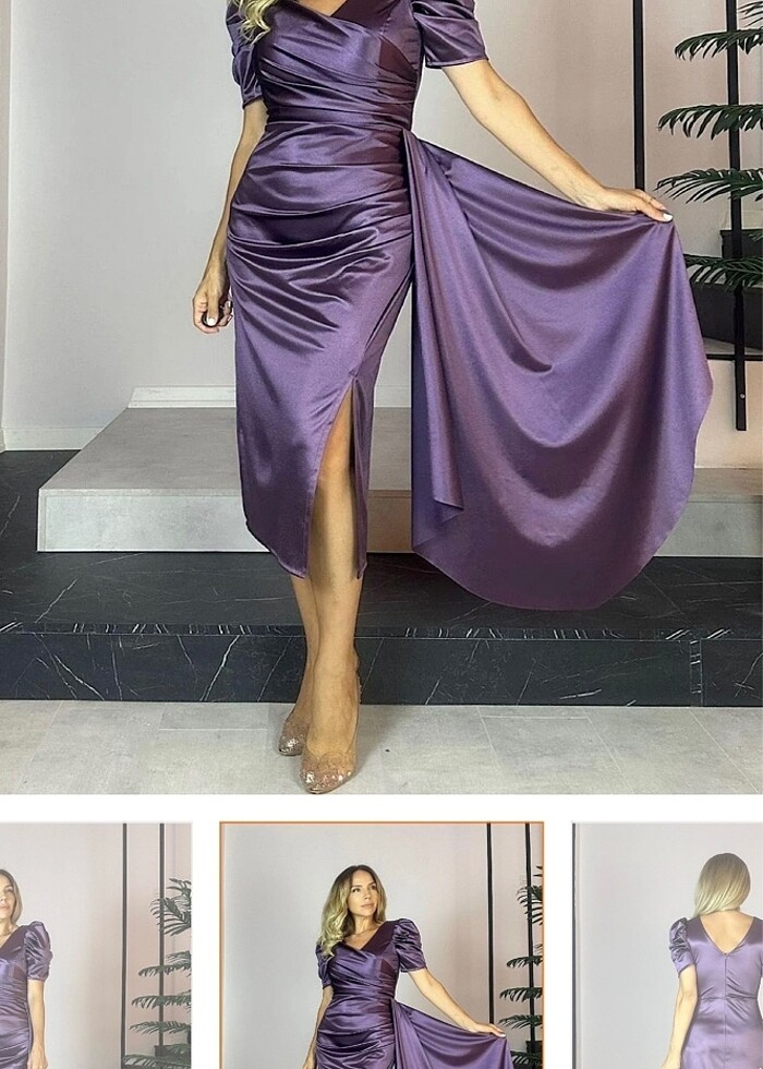 Balon Kol Drapeli Saten Elbise Mor - Görsel 2