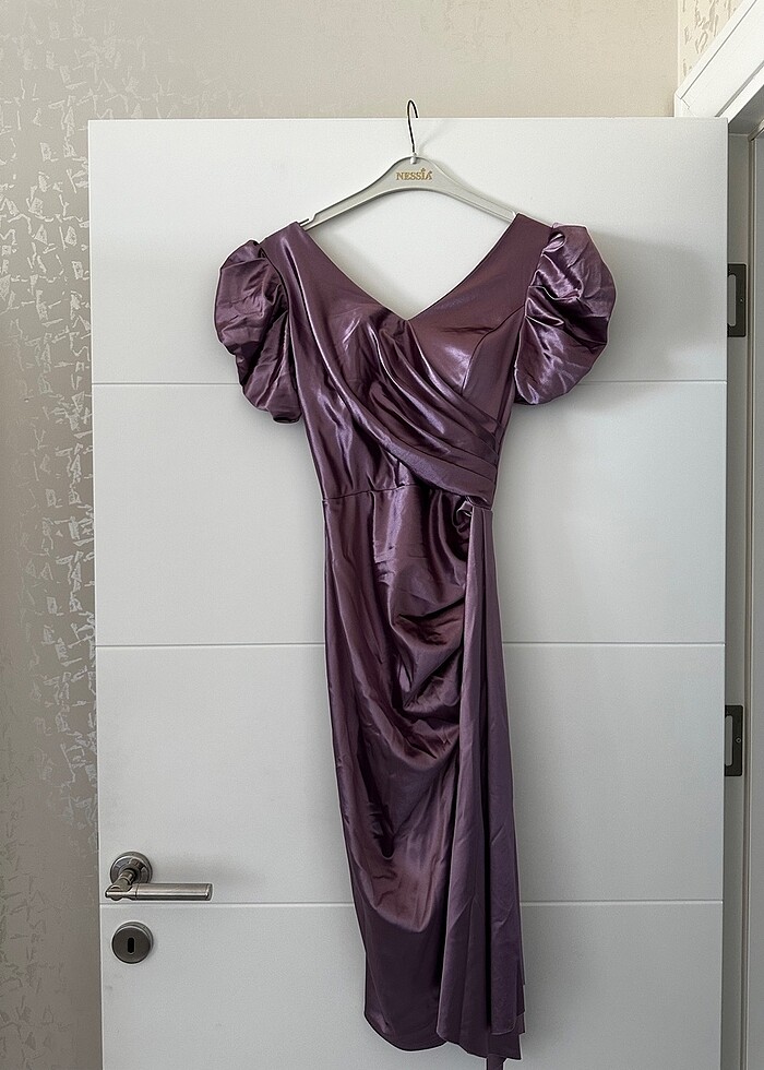 Balon Kol Drapeli Saten Elbise Mor - Görsel 4