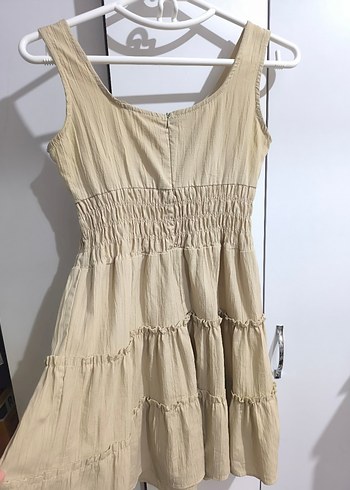 Bej Kolsuz Midi Keten Elbise - Görsel 2