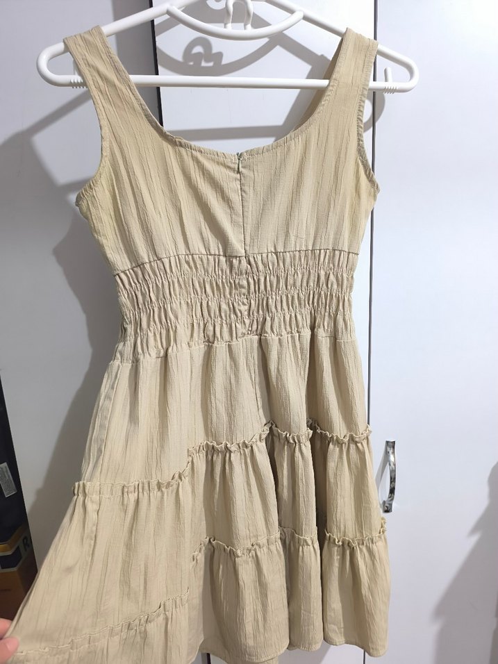 Bej Kolsuz Midi Keten Elbise - Görsel 2