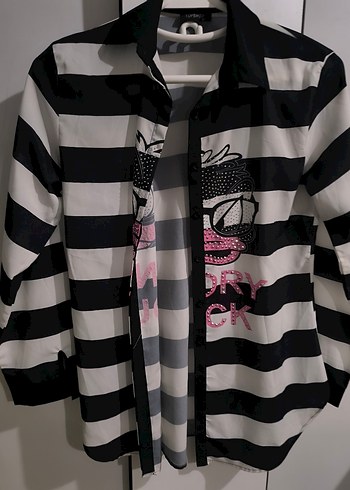 Düğmeli Siyah Beyaz Çizgili Kadın Gömlek - Görsel 2