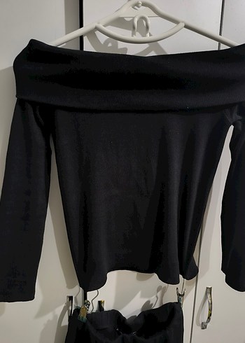 Kadın Siyah Mini Kayık Yaka Triko takım - Görsel 2