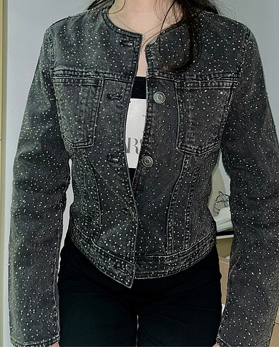 xs Beden siyah Renk Zara taşlı denim ceket pullu