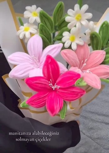 Şönil Çiçekli El Yapımı Dekoratif Buket - Görsel 6