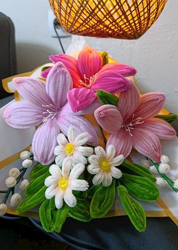 Şönil Çiçekli El Yapımı Dekoratif Buket - Görsel 5