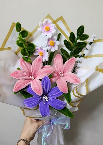 Bohem Tarz Kadife Çiçek Buketi şönil - Görsel 2