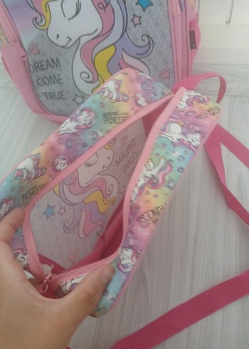 Beden Renk Pastel Pembe Unicorn Temalı Okul Çantası Seti