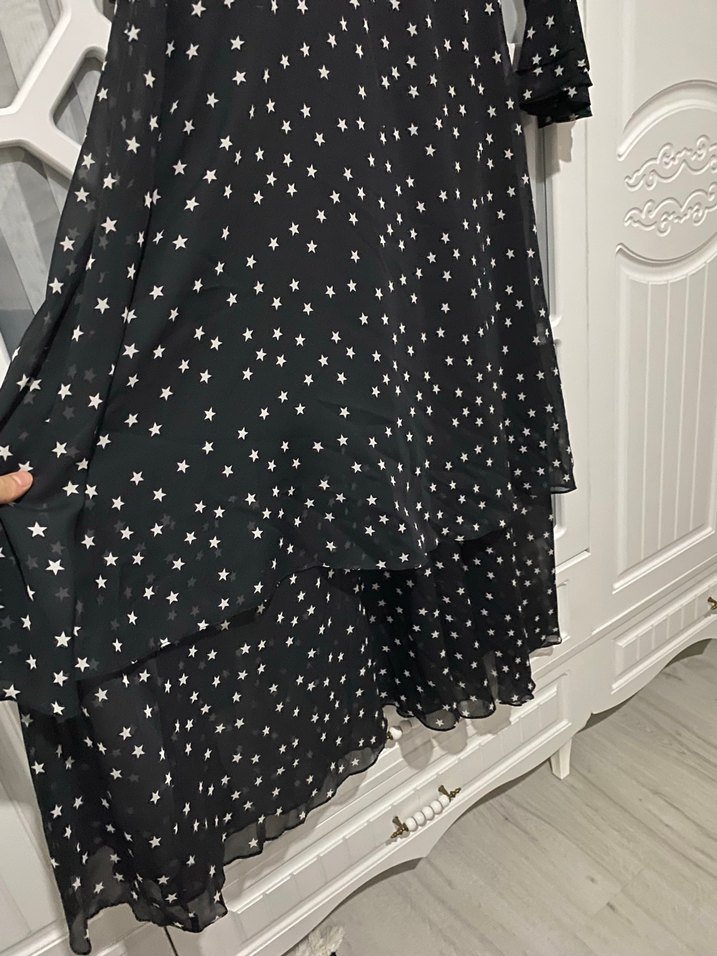 Uzun Kollu Fırfırlı Puantiyeli Siyah Elbise - Görsel 2