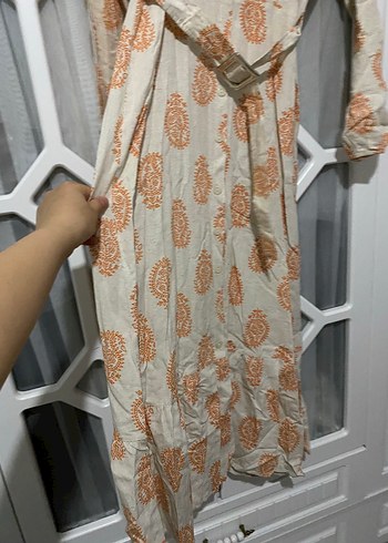 Bej Uzun Kollu V Yaka Bohem Elbise - Görsel 2