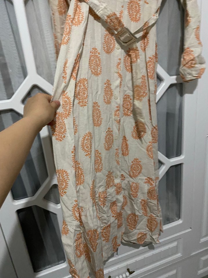 Bej Uzun Kollu V Yaka Bohem Elbise - Görsel 2