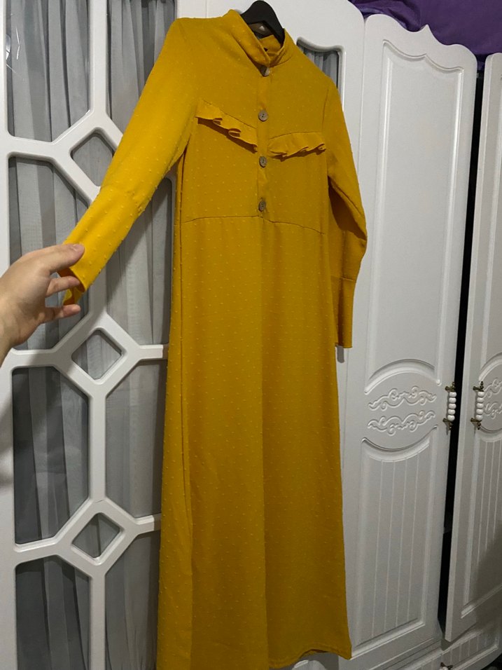 Düğmeli Sarı Uzun Keten Elbise - Görsel 2