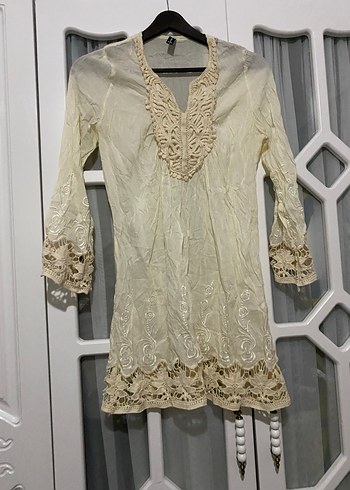 Dantel Detaylı Beyaz Bohem Uzun Kollu Bluz - Görsel 2