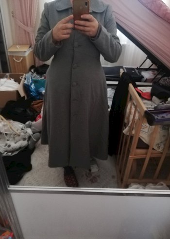 Düğmeli Gri Uzun Kadın Kaban - Görsel 9