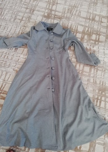 Düğmeli Gri Uzun Kadın Kaban - Görsel 4