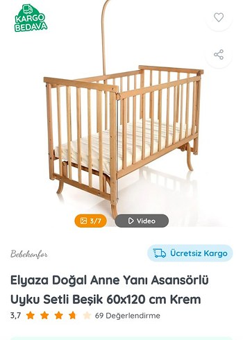 Elyaza Doğal Anne Yanı Asansörlü Beşik 60x120 cm - Görsel 2
