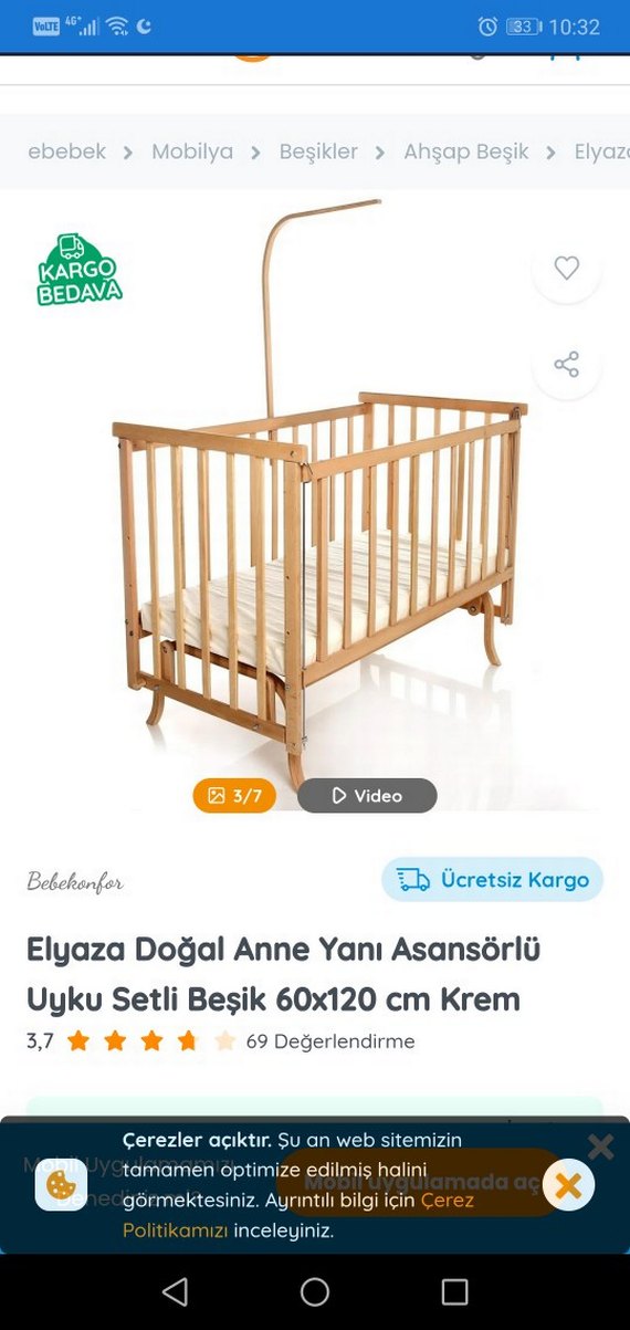 Elyaza Doğal Anne Yanı Asansörlü Beşik 60x120 cm - Görsel 2