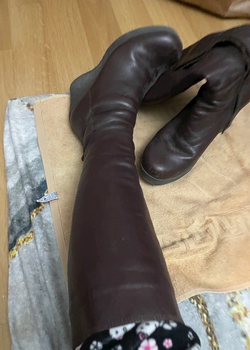 Kahverengi Deri Kadın Dolgu Topuklu Diz Boyu Bot - Görsel 3