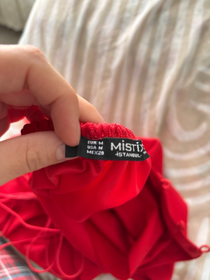 Kırmızı Drapeli Mini Elbise - Görsel 4