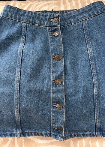 Düğmeli Mavi Midi Denim Etek - Görsel 2