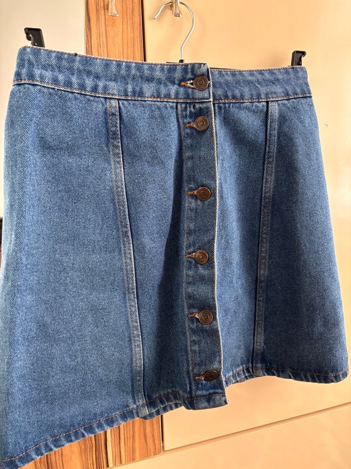 Düğmeli Mavi Midi Denim Etek - Görsel 3