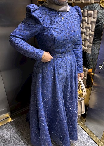 Mavi Uzun Kollu Drapeli Abiye Elbise - Görsel 3