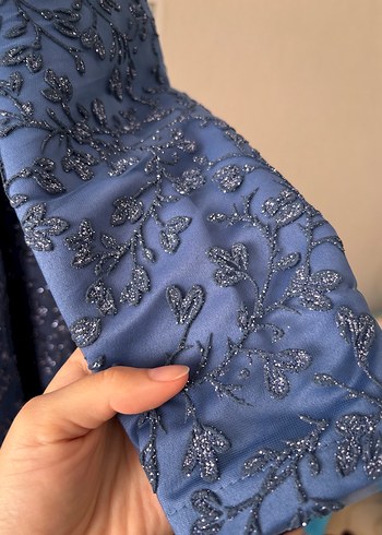 Mavi Uzun Kollu Drapeli Abiye Elbise - Görsel 5