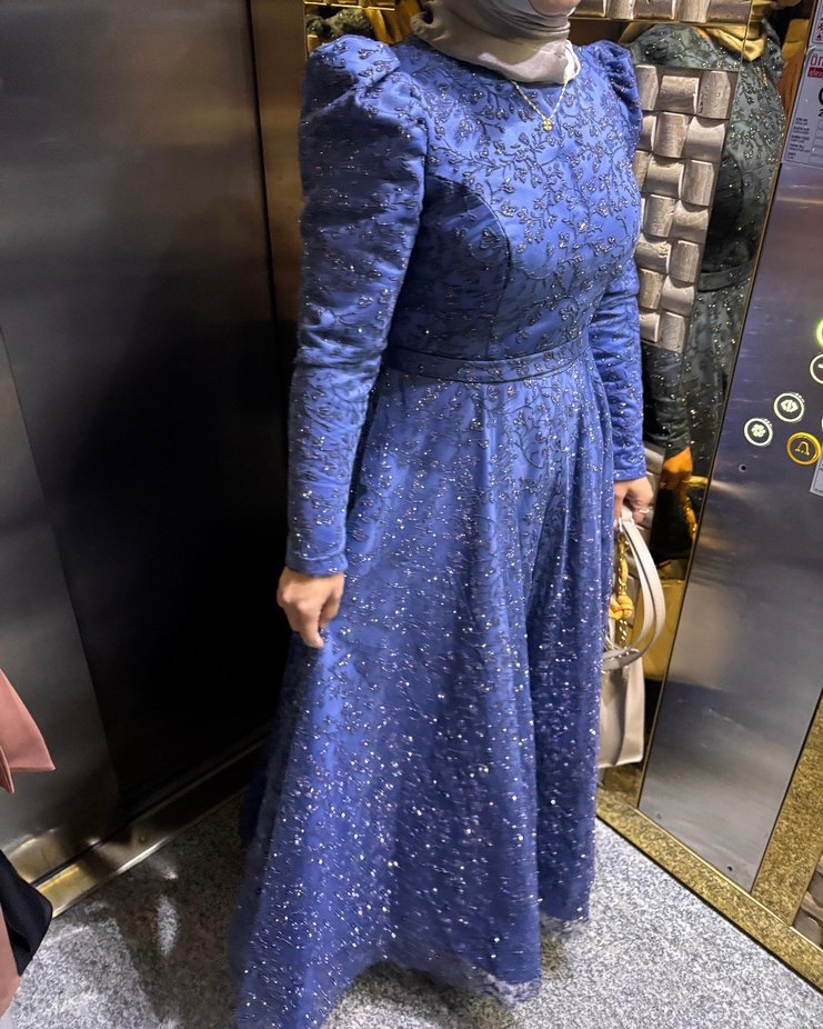 Mavi Uzun Kollu Drapeli Abiye Elbise - Görsel 2