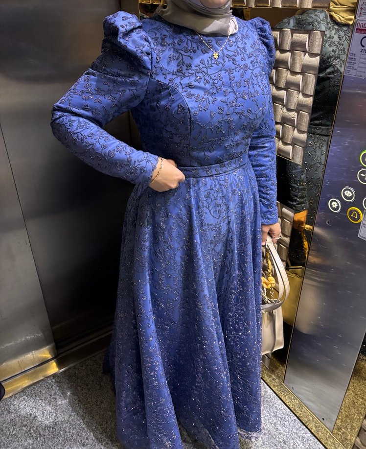 Mavi Uzun Kollu Drapeli Abiye Elbise - Görsel 3