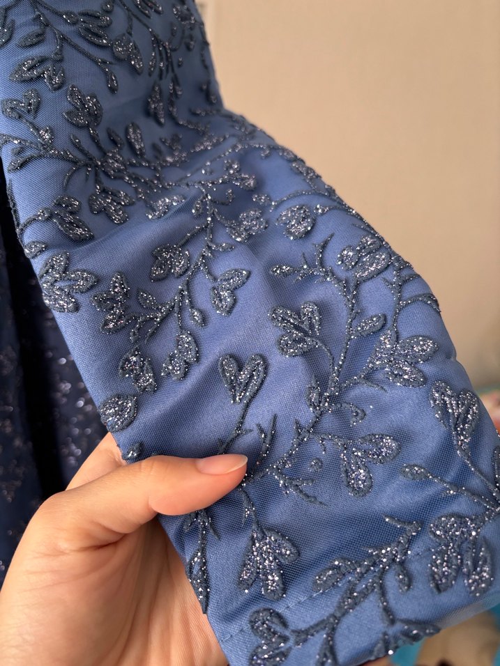 Mavi Uzun Kollu Drapeli Abiye Elbise - Görsel 5