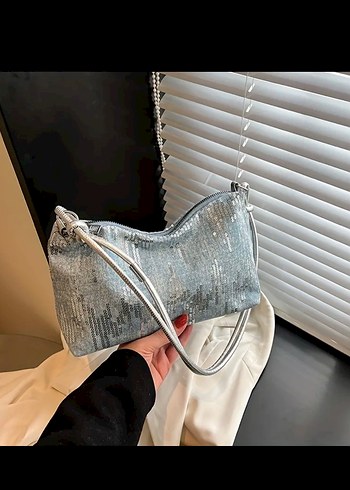 Gri Payetli Denim Kadın Çanta