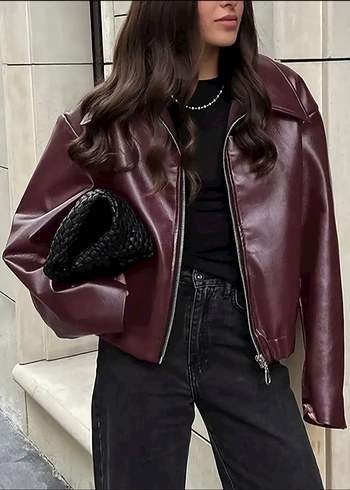 Zara Bordo Deri Kadın Ceket Oversize