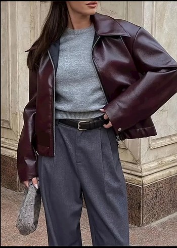 s Beden Bordo Deri Kadın Ceket Oversize
