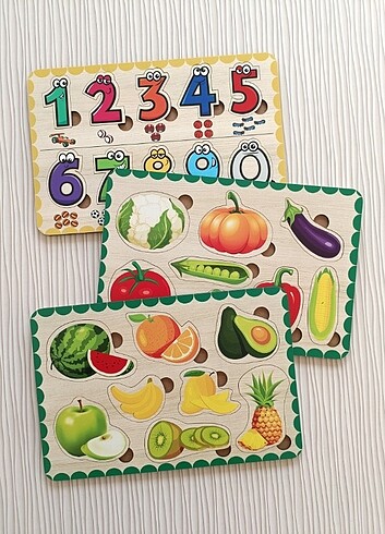Meyveler-Sebzeler - Sayılar 3'lü Eğitici Ahşap Puzzle 