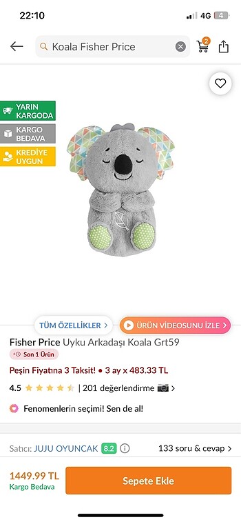 Fisher price koala uyku arkadaşı