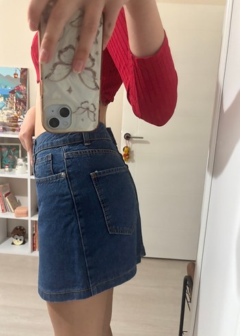 m Beden kırmızı Renk Koyu Mavi Denim Mini Etek