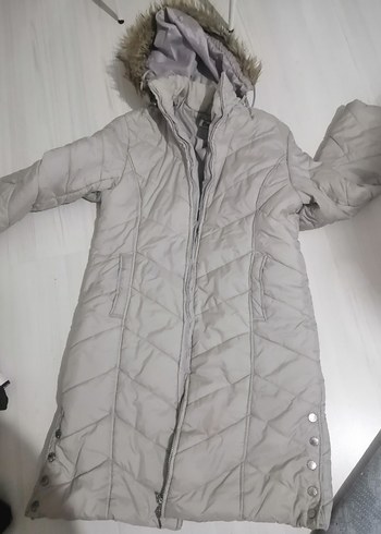 Gri Kadın Uzun Kışlık Mont Düğmeli - Görsel 4