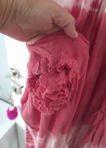 44 Beden Kırmızı Batik Desenli Uzun Bohem Elbise