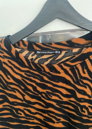 m Beden Kahverengi Zebra Desenli Kadın Uzun Kollu Tunik