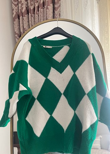 V Yaka Salaş Yeşil Ekose Kadın Kazak - Görsel 5