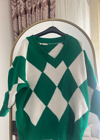 V Yaka Salaş Yeşil Ekose Kadın Kazak - Görsel 8