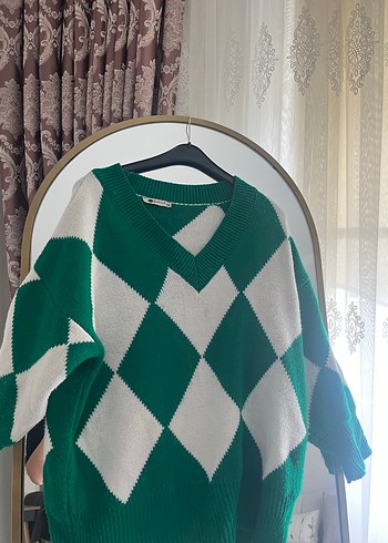 V Yaka Salaş Yeşil Ekose Kadın Kazak - Görsel 2