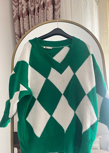 V Yaka Salaş Yeşil Ekose Kadın Kazak - Görsel 6